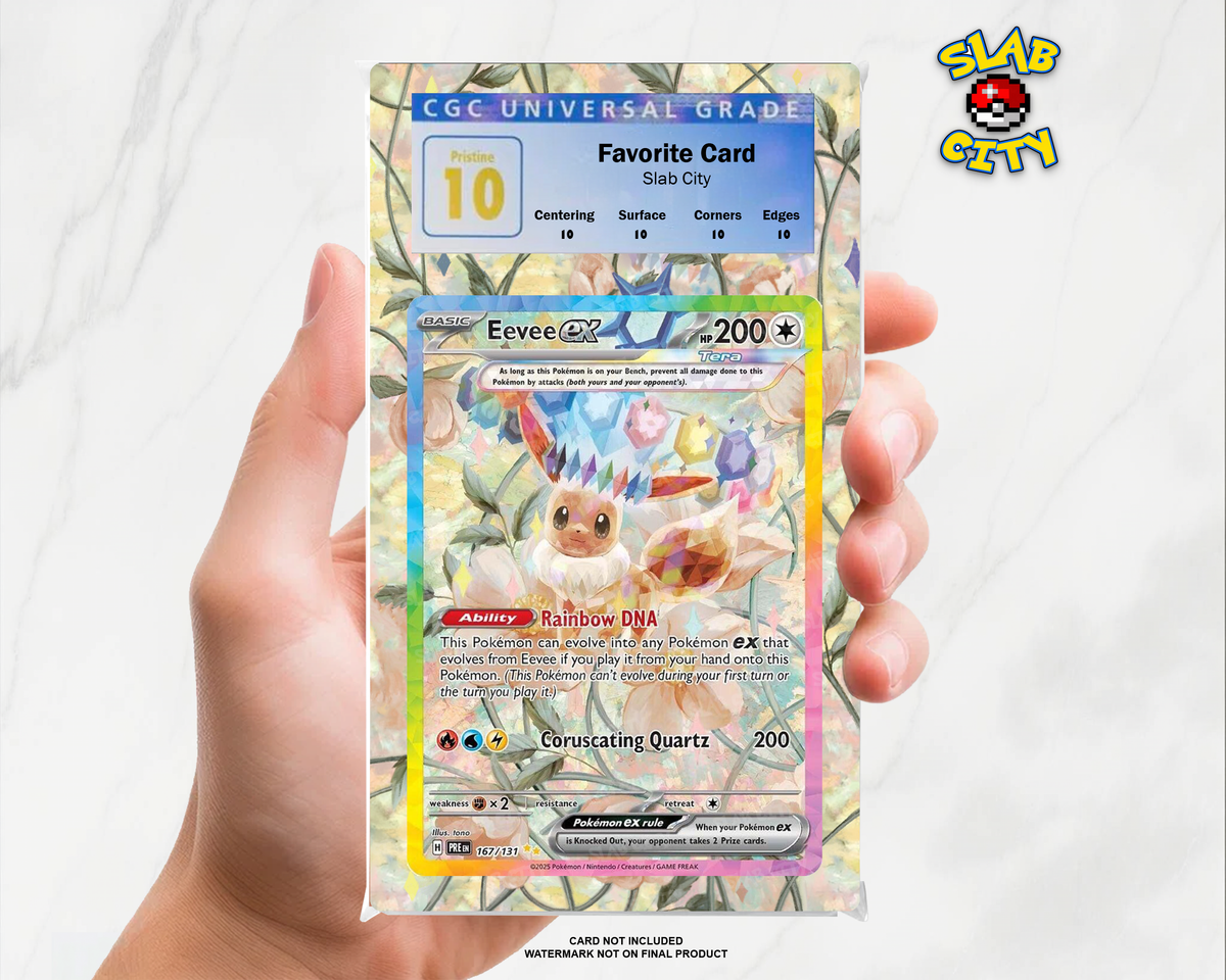 Eevee ex #167/131 Prismatic Evolutions extended art graded slab insert – CGC. Card not included. Watermark not on final product.