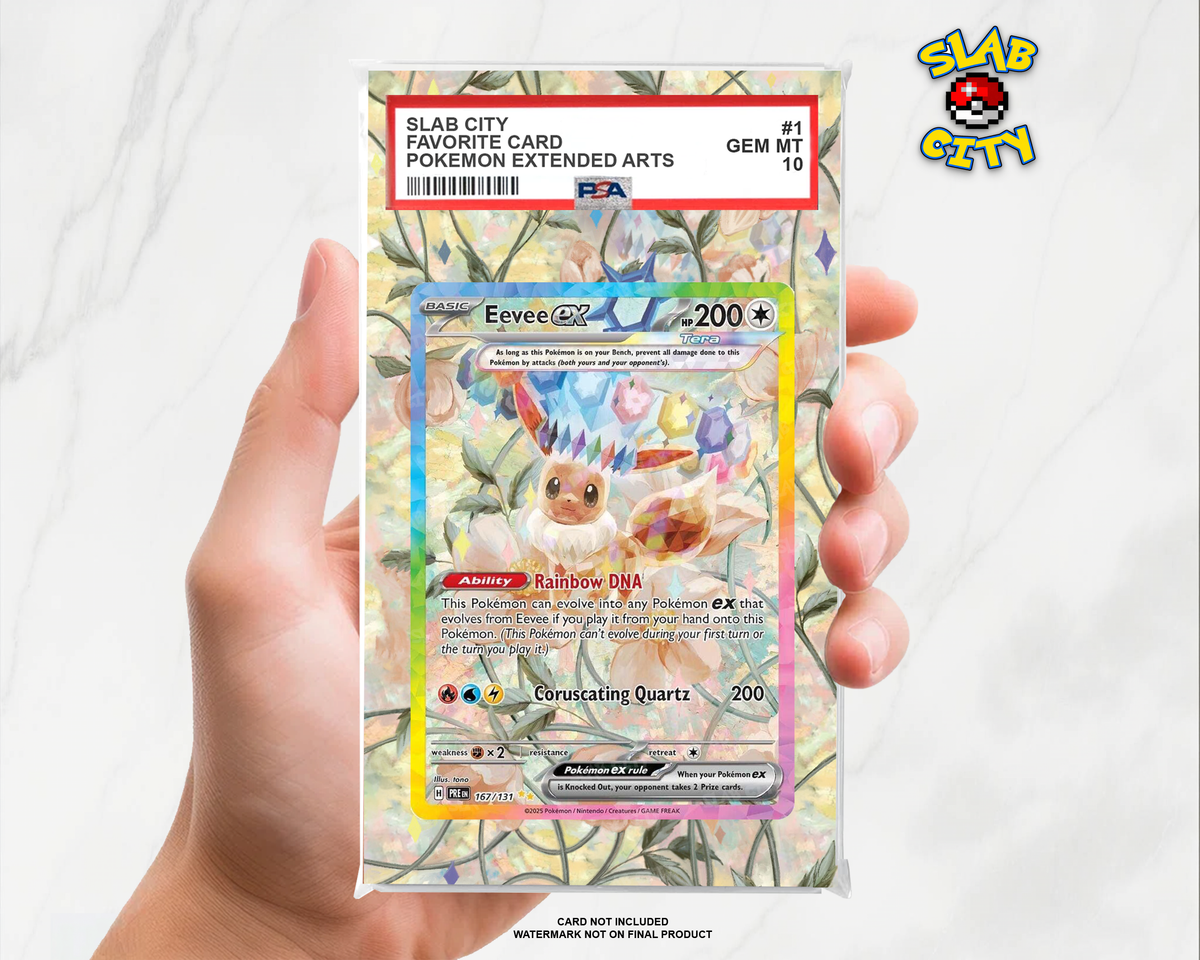 Eevee ex #167/131 Prismatic Evolutions extended art graded slab insert – PSA. Card not included. Watermark not on final product.