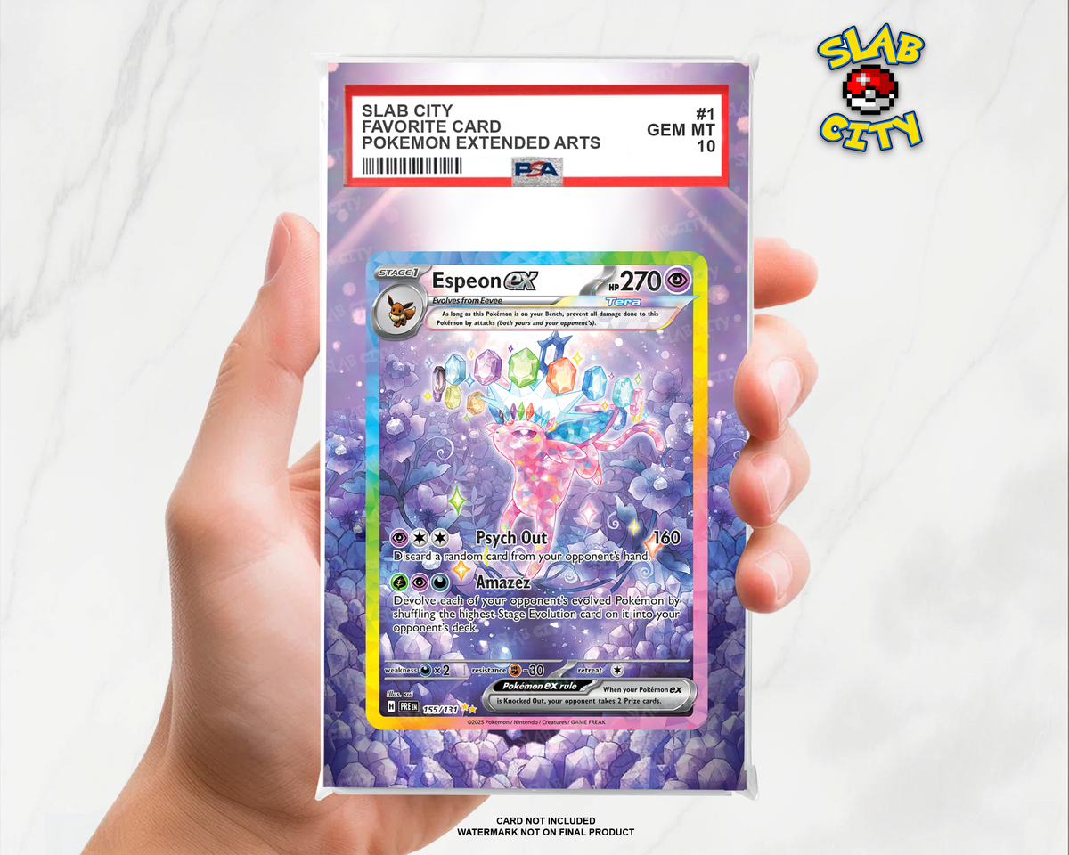 Espeon ex #155/131 Prismatic Evolutions extended art graded slab insert – PSA. Card not included. Watermark not on final product.