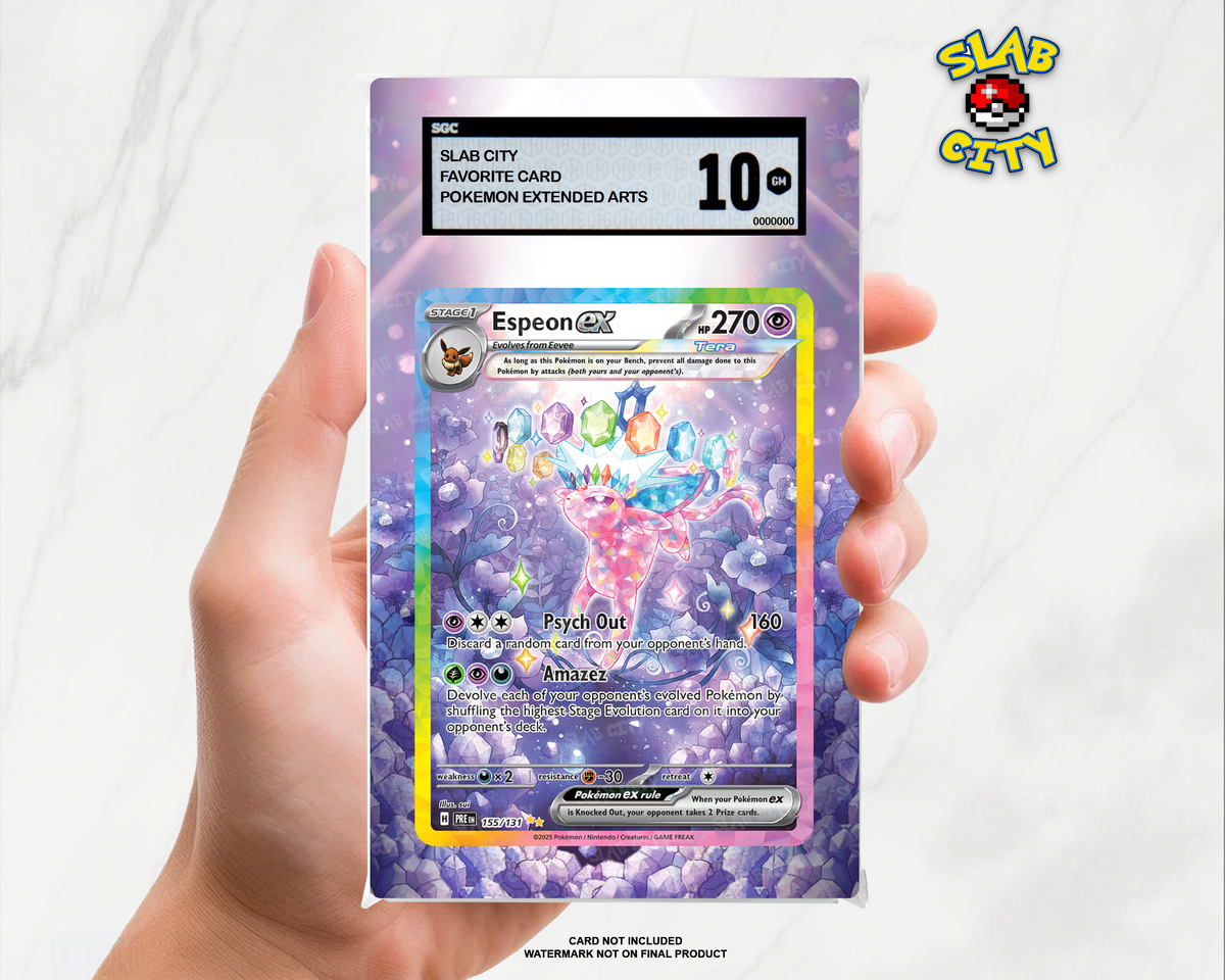 Espeon ex #155/131 Prismatic Evolutions extended art graded slab insert – SGC. Card not included. Watermark not on final product.