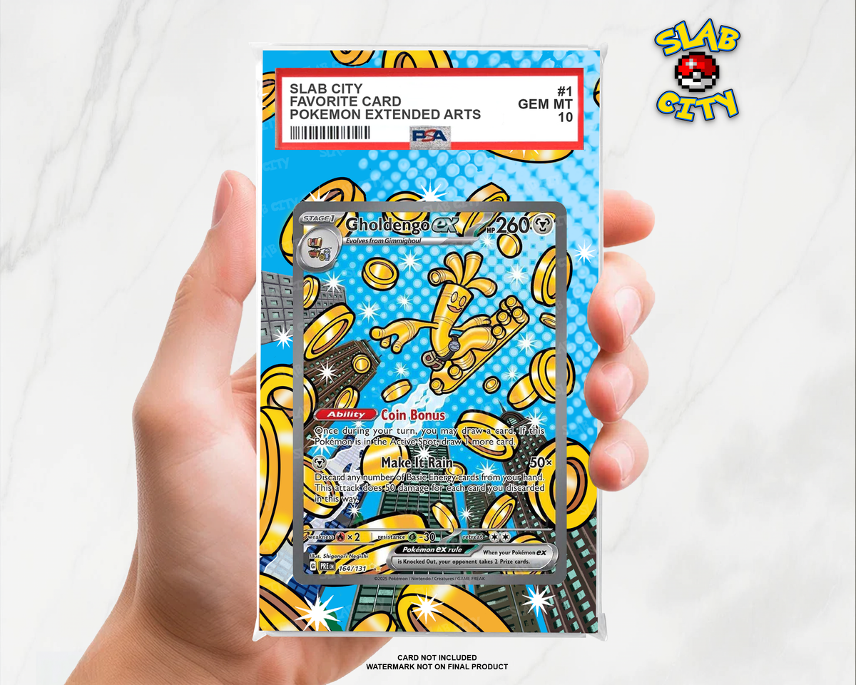 Gholdengo ex #164/131 Prismatic Evolutions extended art graded slab insert – PSA. Card not included. Watermark not on final product.