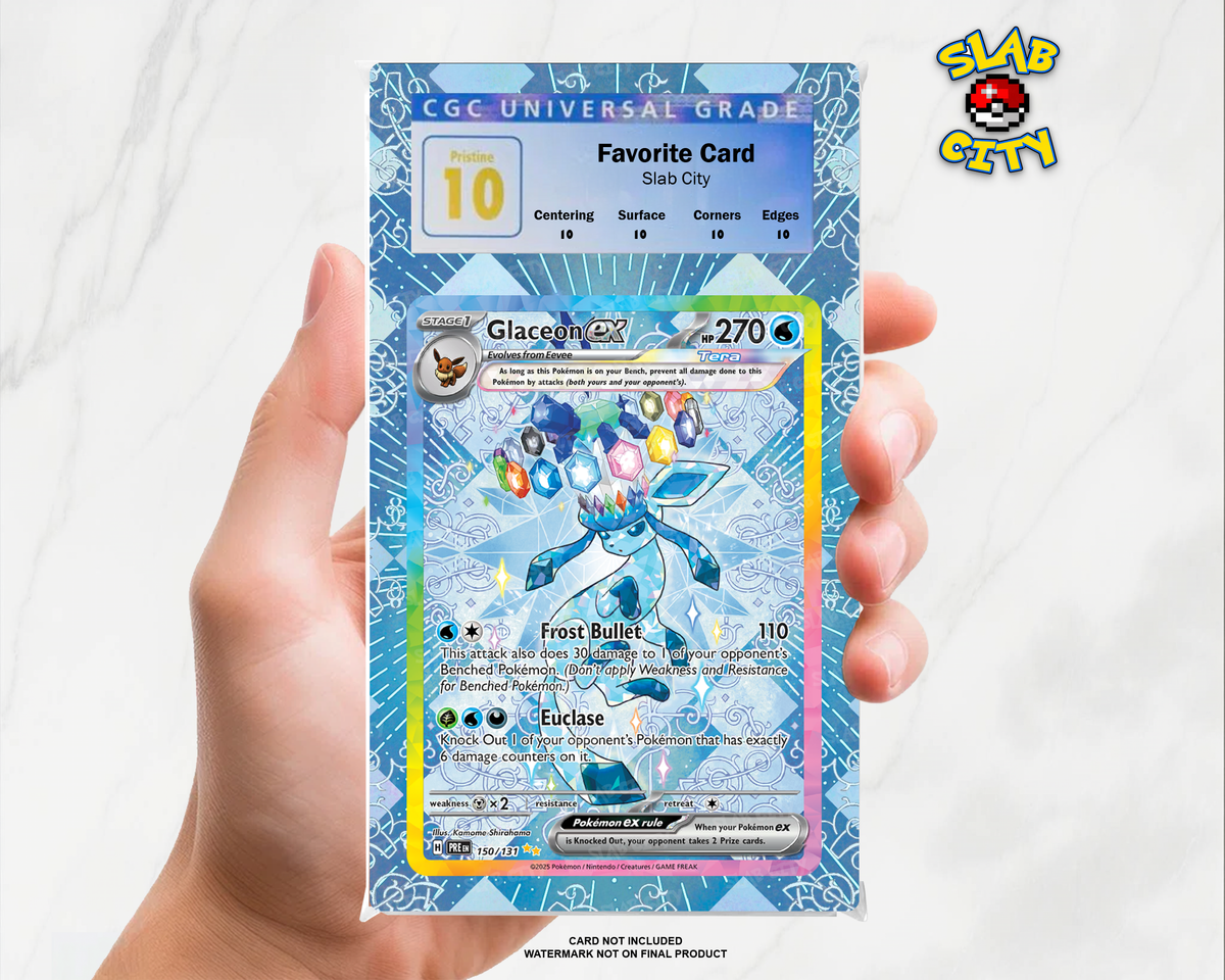 Glaceon ex #150/131 Prismatic Evolutions extended art graded slab insert – CGC. Card not included. Watermark not on final product.