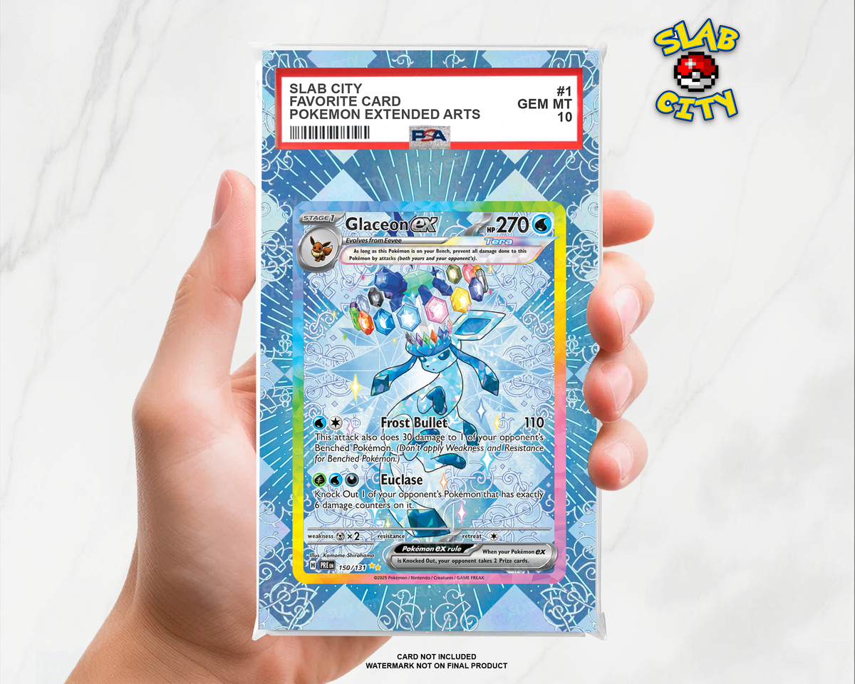 Glaceon ex #150/131 Prismatic Evolutions extended art graded slab insert – PSA. Card not included. Watermark not on final product.