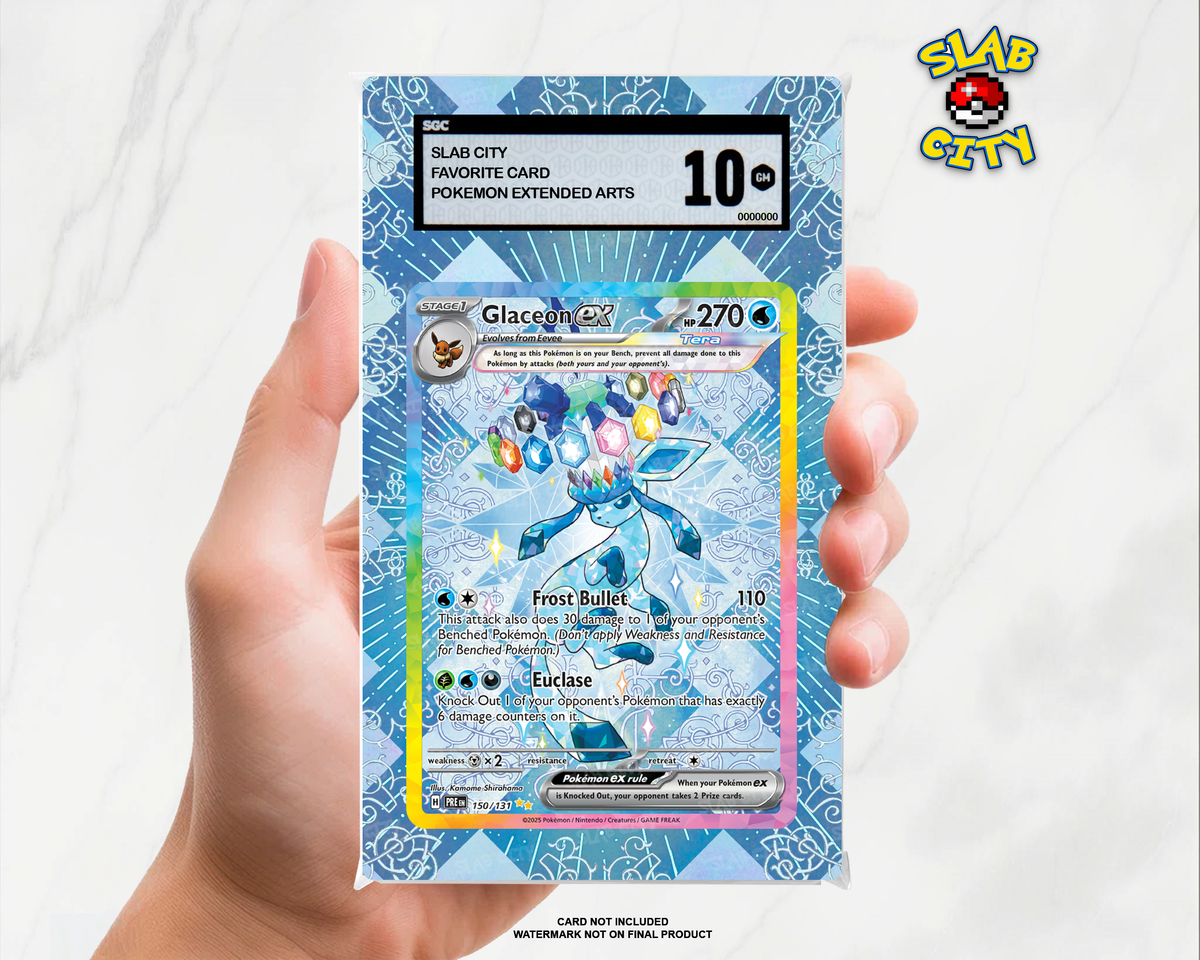 Glaceon ex #150/131 Prismatic Evolutions extended art graded slab insert – SGC. Card not included. Watermark not on final product.
