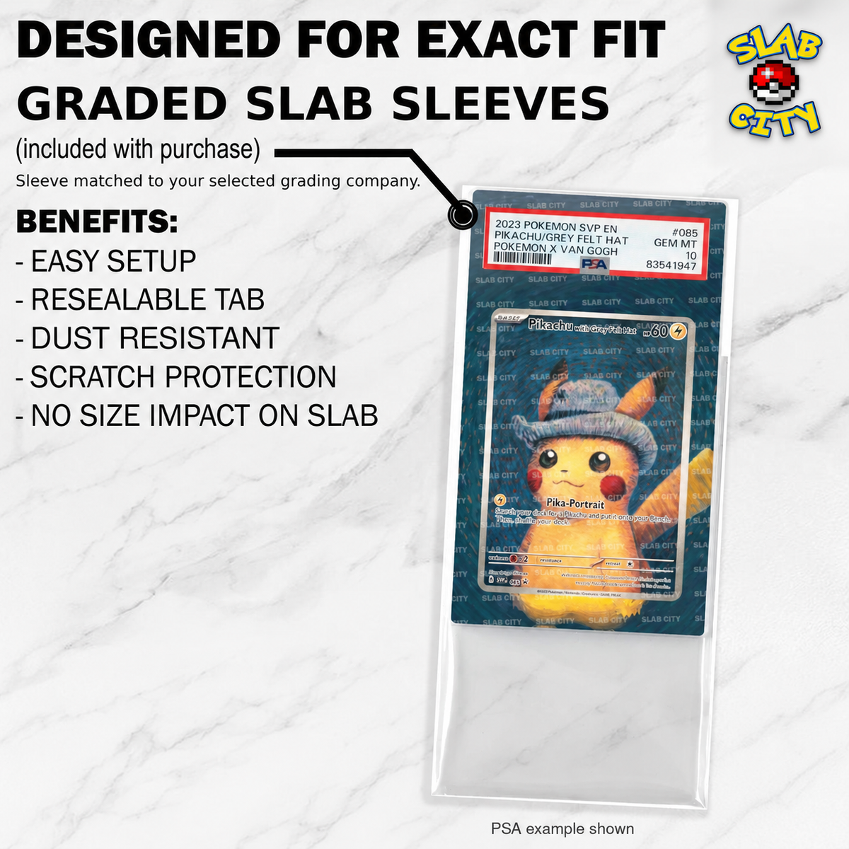 Graded slab sleeve fitment and benefits; sleeve matched to your selected grading company. PSA example shown.