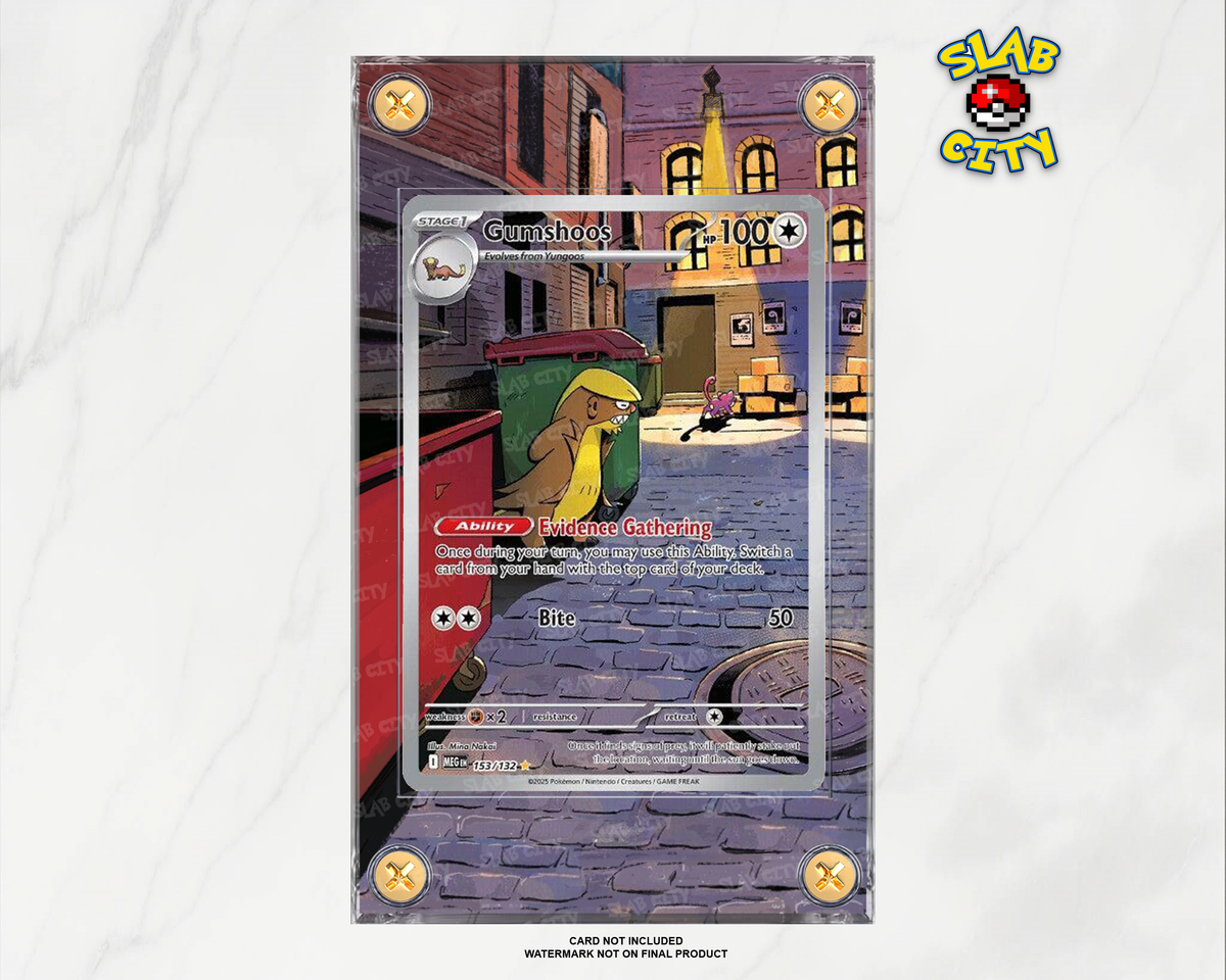 Gumshoos #153 Mega Evolution raw card display case; card not included, watermark not on final product