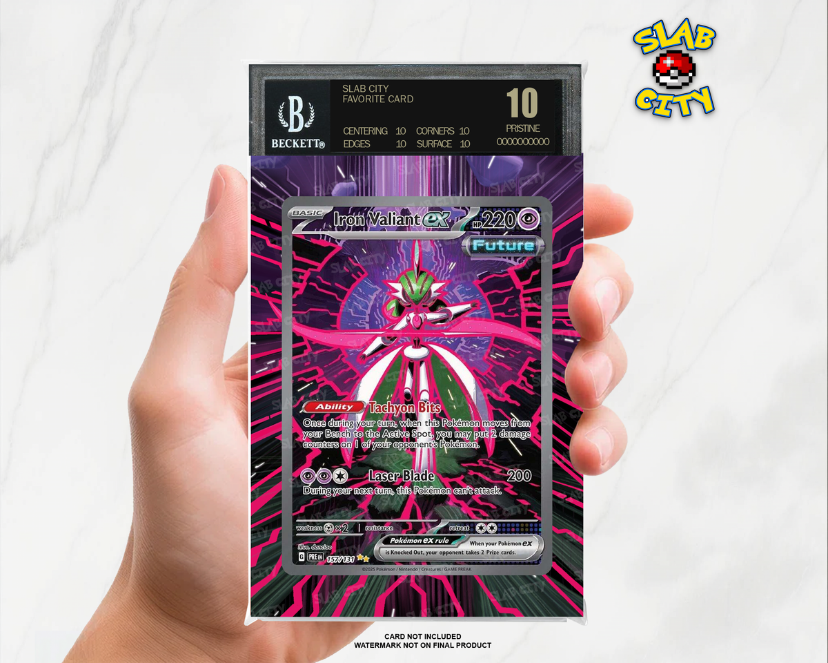 Iron Valiant ex #157/131 Prismatic Evolutions extended art graded slab insert – BGS. Card not included. Watermark not on final product.