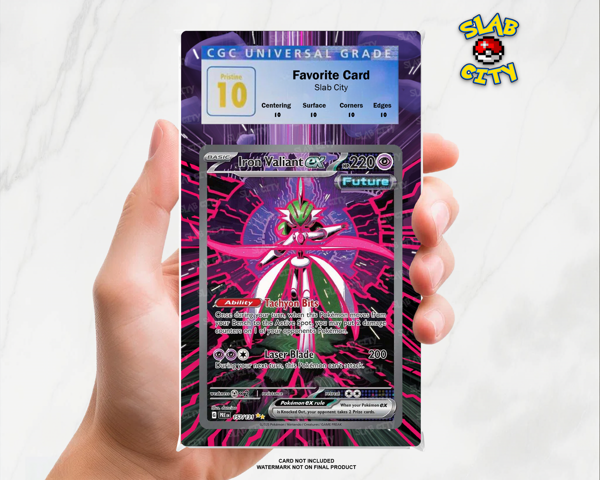 Iron Valiant ex #157/131 Prismatic Evolutions extended art graded slab insert – CGC. Card not included. Watermark not on final product.