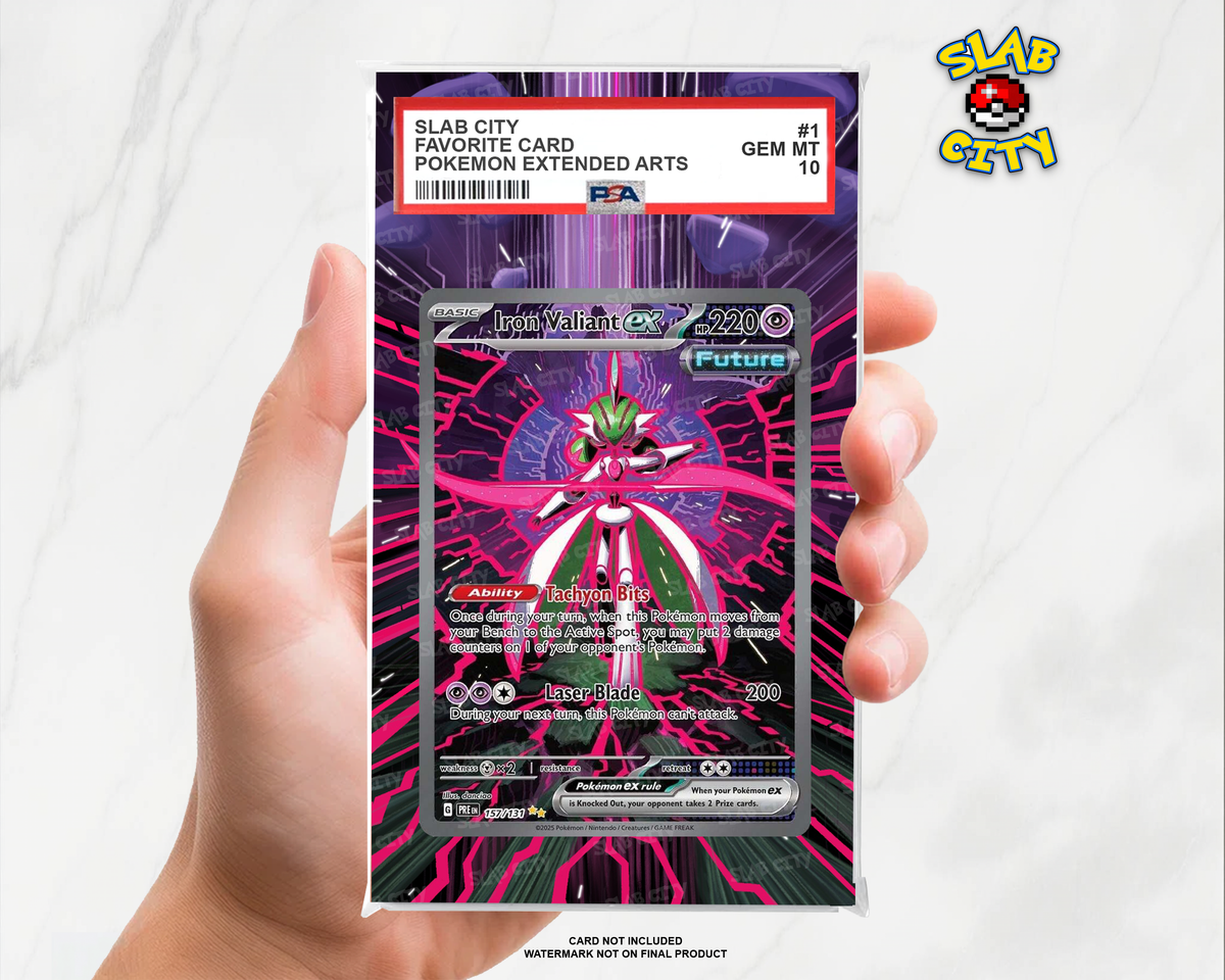 Iron Valiant ex #157/131 Prismatic Evolutions extended art graded slab insert – PSA. Card not included. Watermark not on final product.