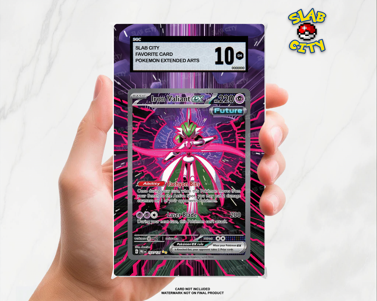 Iron Valiant ex #157/131 Prismatic Evolutions extended art graded slab insert – SGC. Card not included. Watermark not on final product.