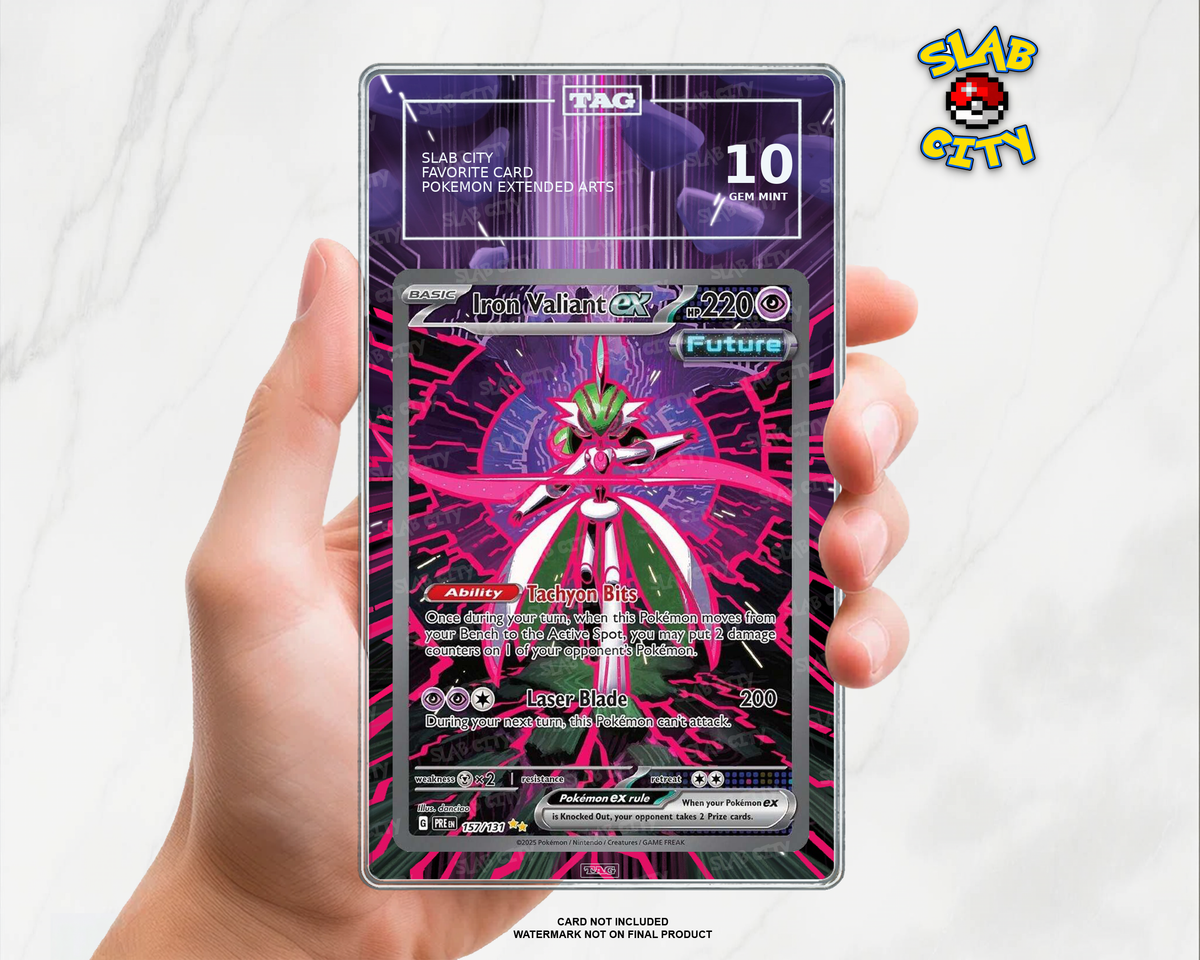 Iron Valiant ex #157/131 Prismatic Evolutions extended art graded slab insert – TAG. Card not included. Watermark not on final product.