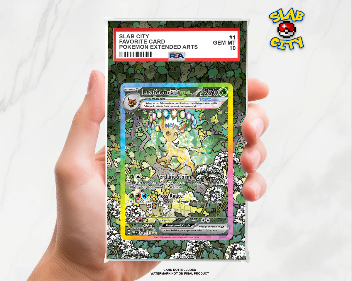 Leafeon ex #144/131 Prismatic Evolutions extended art graded slab insert – PSA. Card not included. Watermark not on final product.