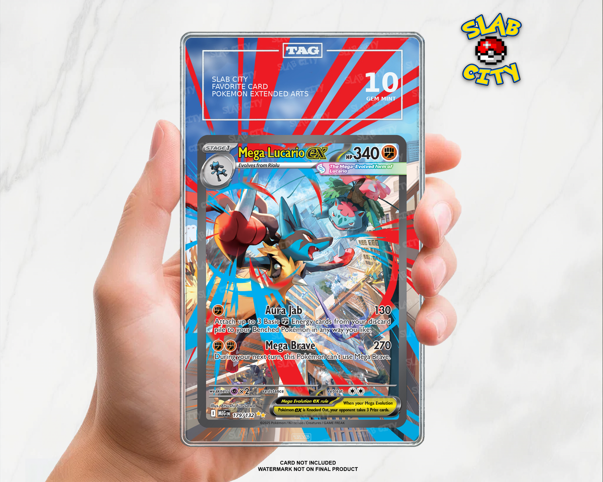 Mega Lucario ex #179 Mega Evolution TAG graded slab insert; card not included, watermark not on final product