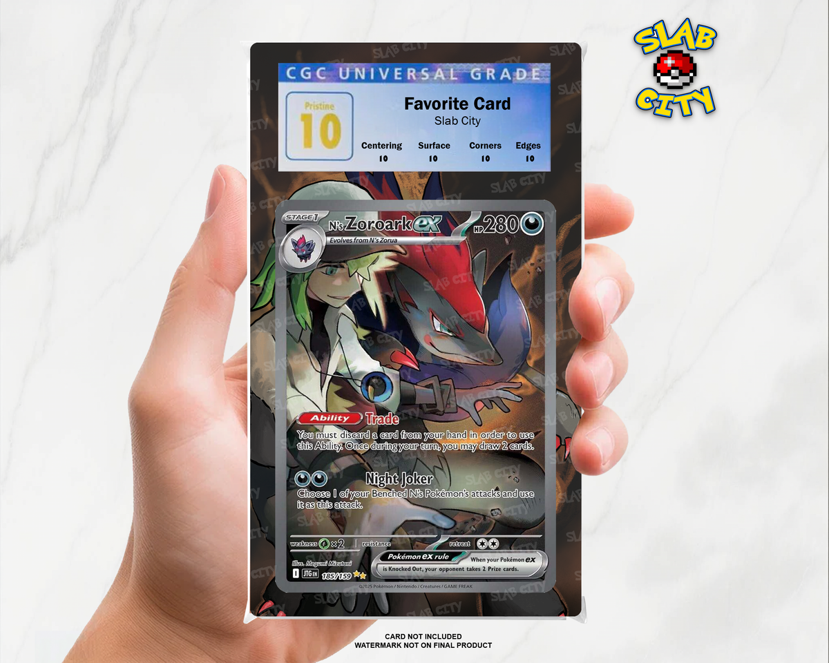 N's Zoroark ex #185/159 Journey Together CGC graded slab insert; card not included, watermark not on final product