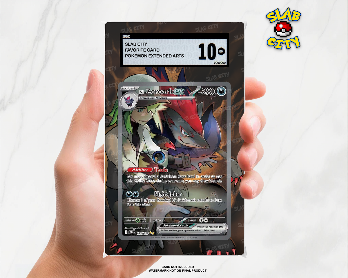 N's Zoroark ex #185/159 Journey Together SGC graded slab insert; card not included, watermark not on final product