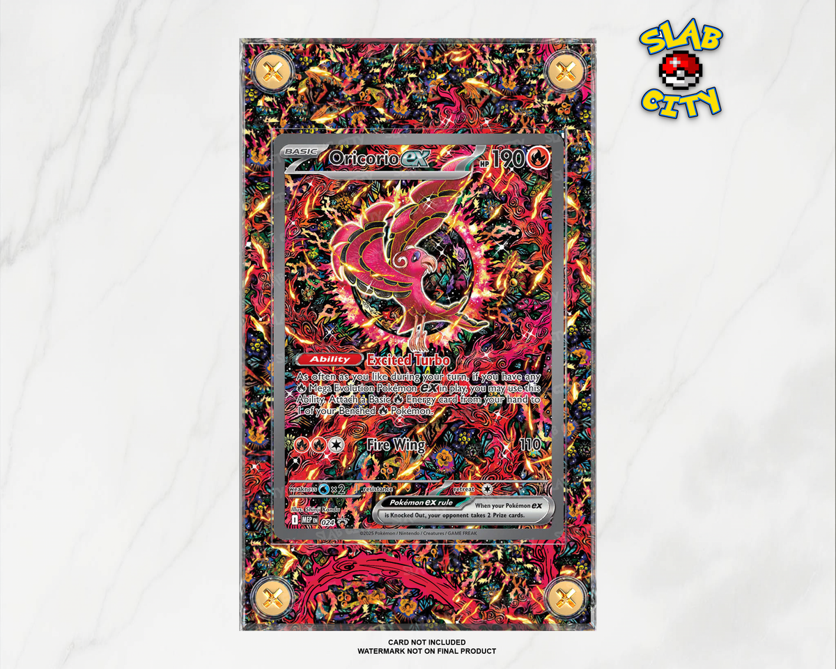 Oricorio ex #24 Mega Evolution Promo raw card display case; card not included, watermark not on final product