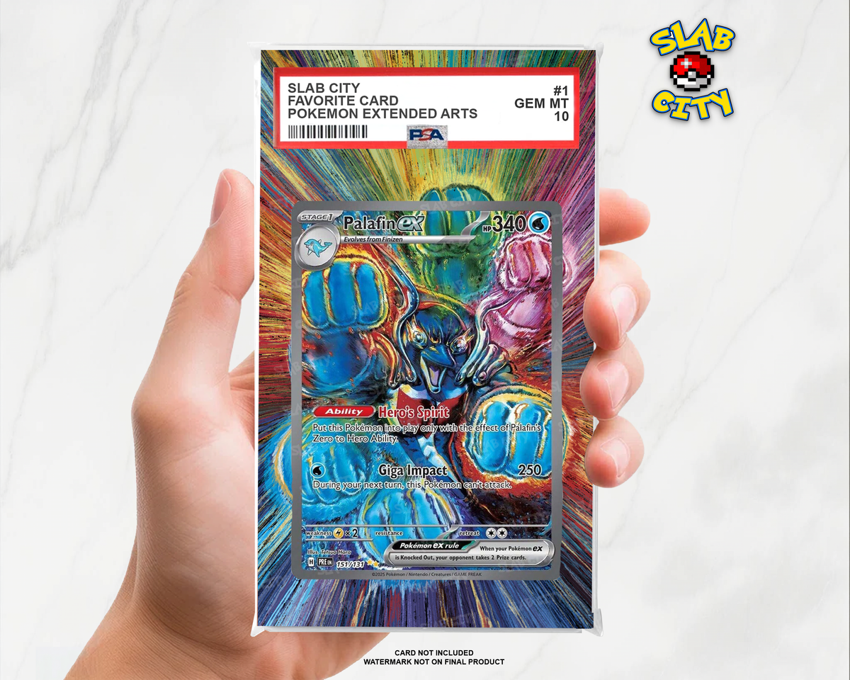 Palafin ex #151/131 Prismatic Evolutions extended art graded slab insert – PSA. Card not included. Watermark not on final product.