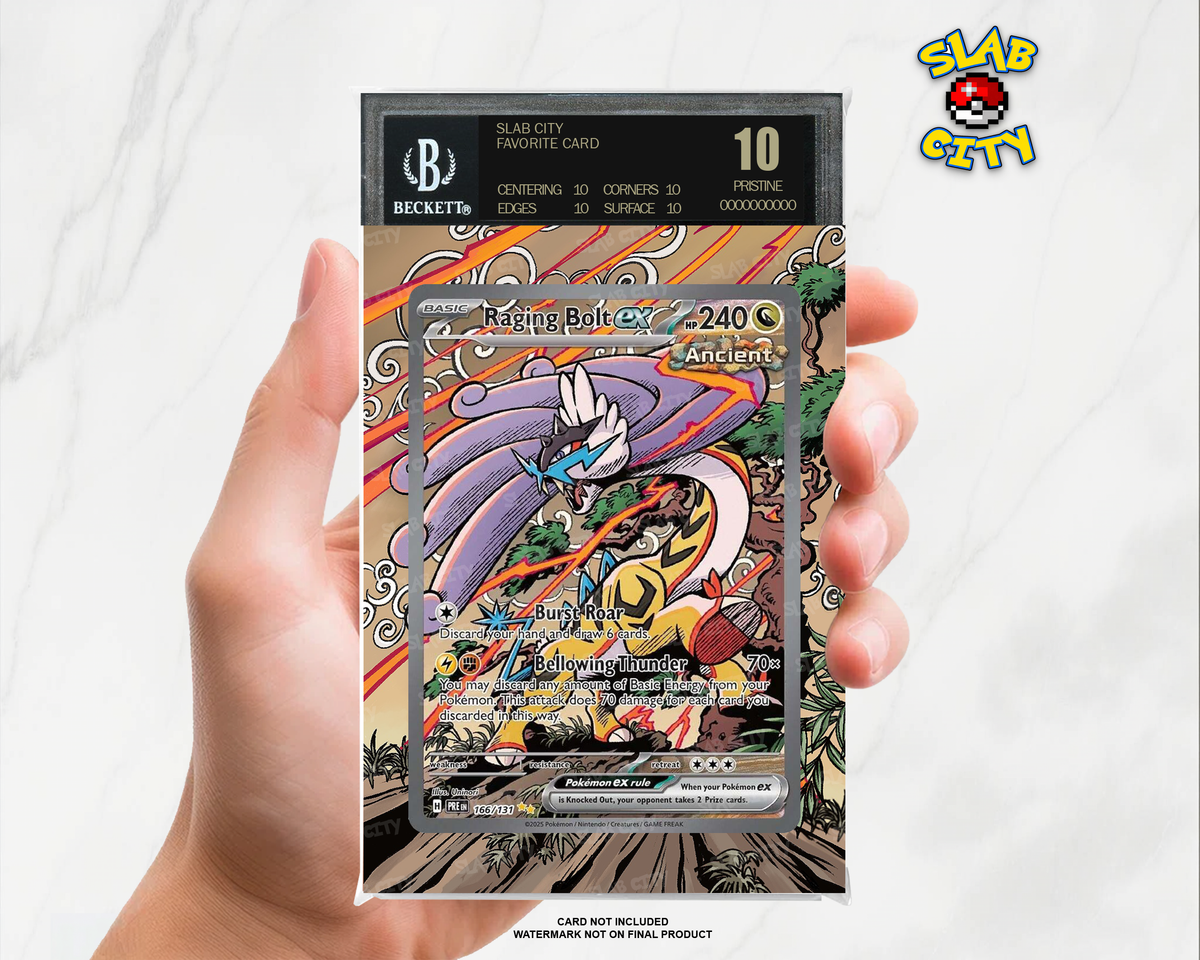 Raging Bolt ex #166/131 Prismatic Evolutions extended art graded slab insert – BGS. Card not included. Watermark not on final product.
