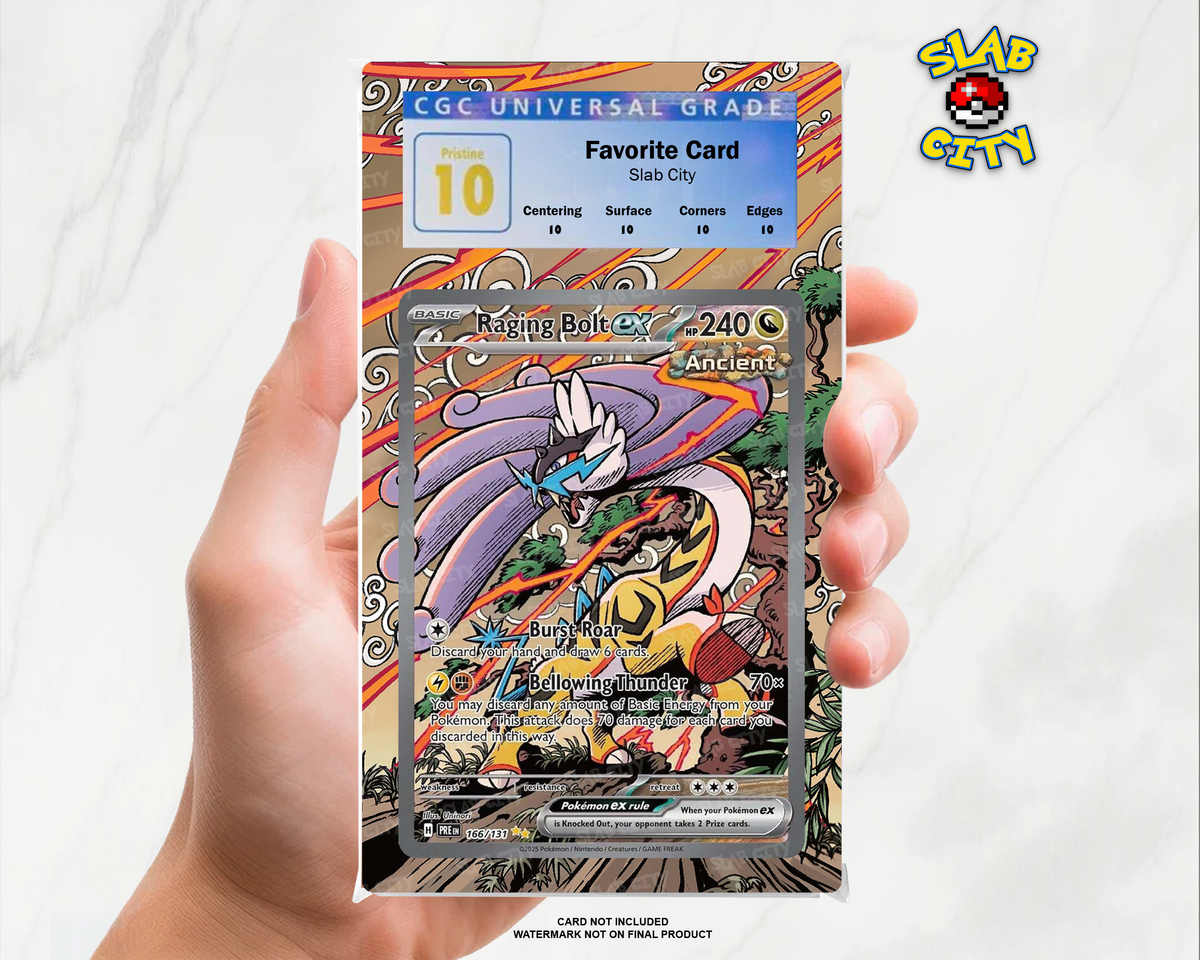Raging Bolt ex #166/131 Prismatic Evolutions extended art graded slab insert – CGC. Card not included. Watermark not on final product.