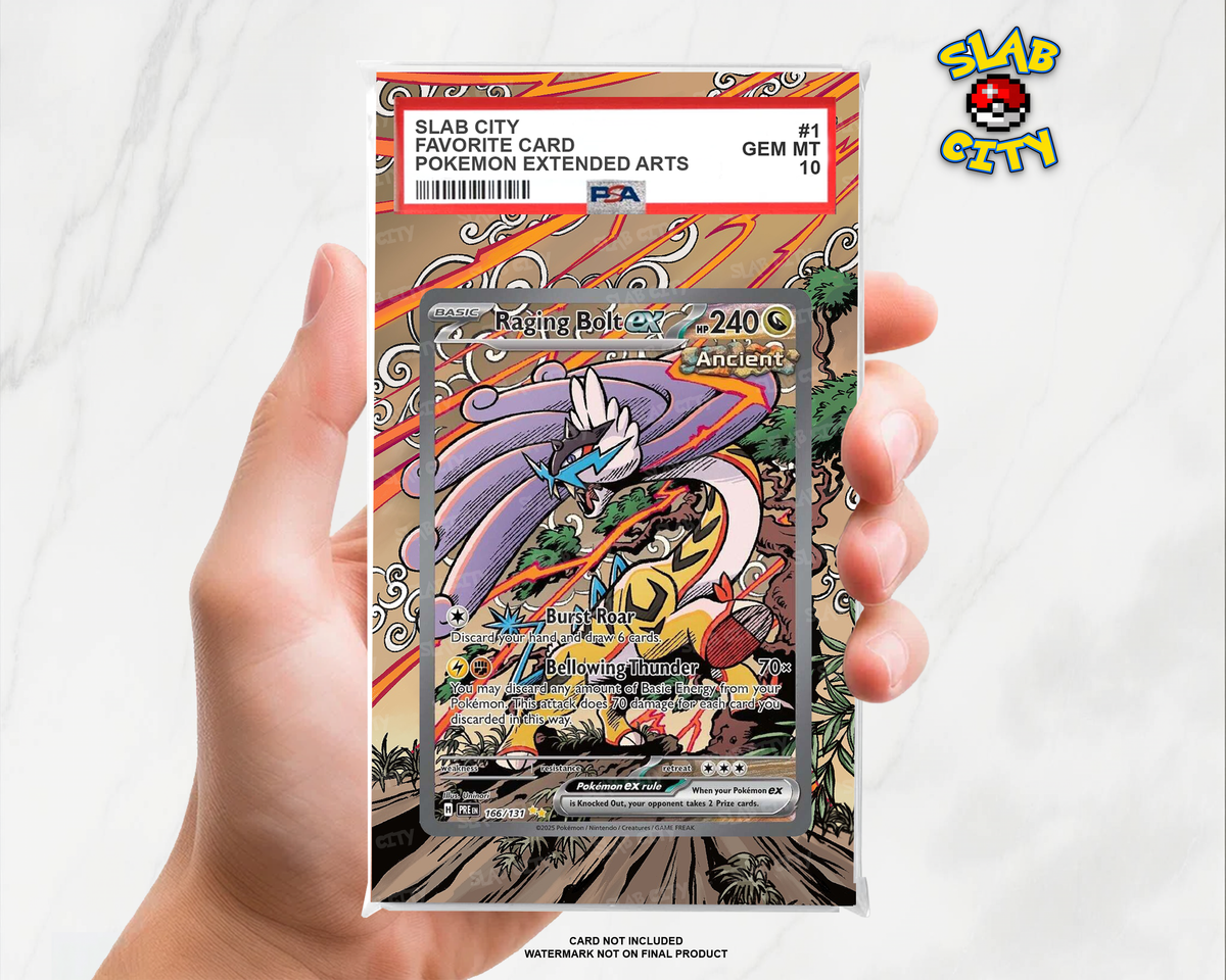 Raging Bolt ex #166/131 Prismatic Evolutions extended art graded slab insert – PSA. Card not included. Watermark not on final product.