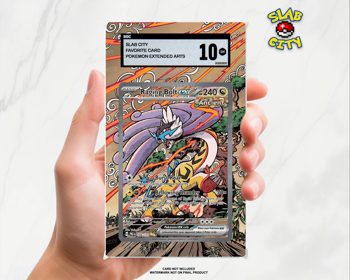 Raging Bolt ex #166/131 Prismatic Evolutions extended art graded slab insert – SGC. Card not included. Watermark not on final product.