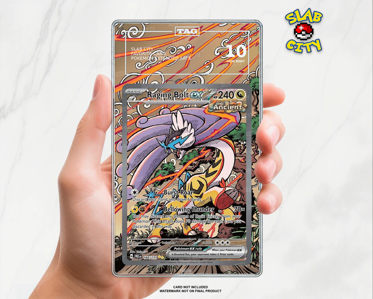 Raging Bolt ex #166/131 Prismatic Evolutions extended art graded slab insert – TAG. Card not included. Watermark not on final product.