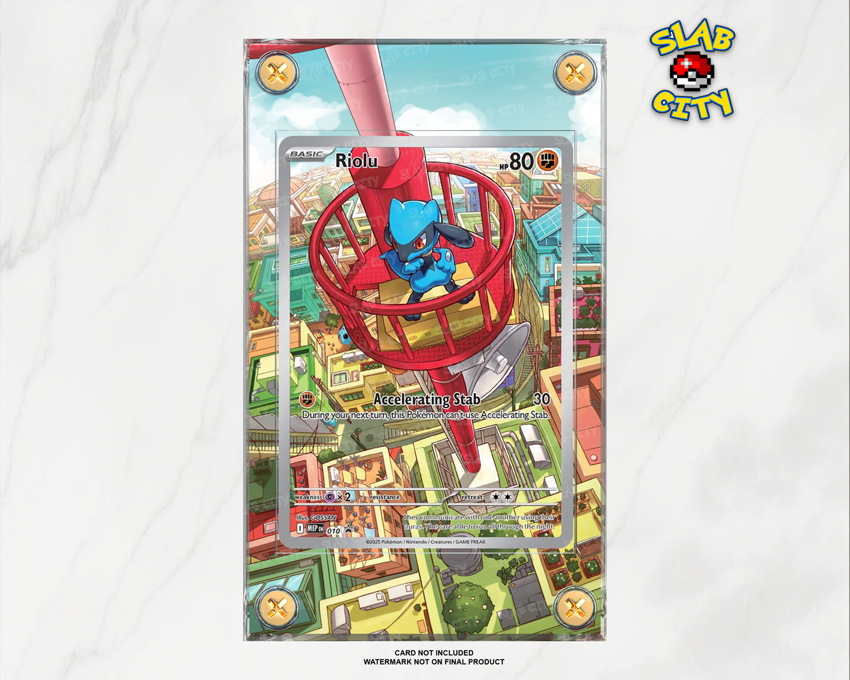 Riolu #10 Mega Evolution Promo raw card display case; card not included, watermark not on final product