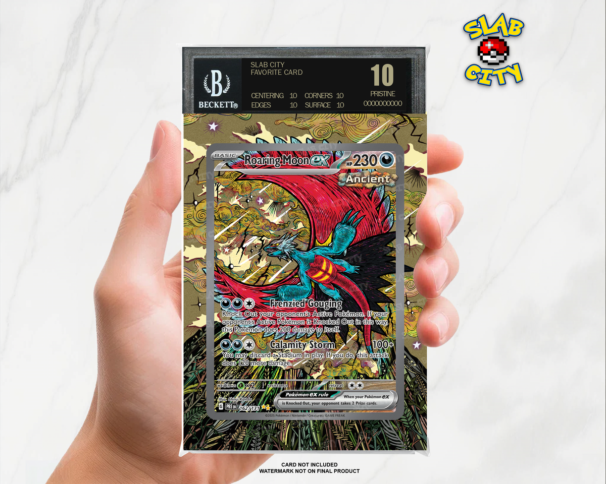 Roaring Moon ex #162/131 Prismatic Evolutions extended art graded slab insert – BGS. Card not included. Watermark not on final product.