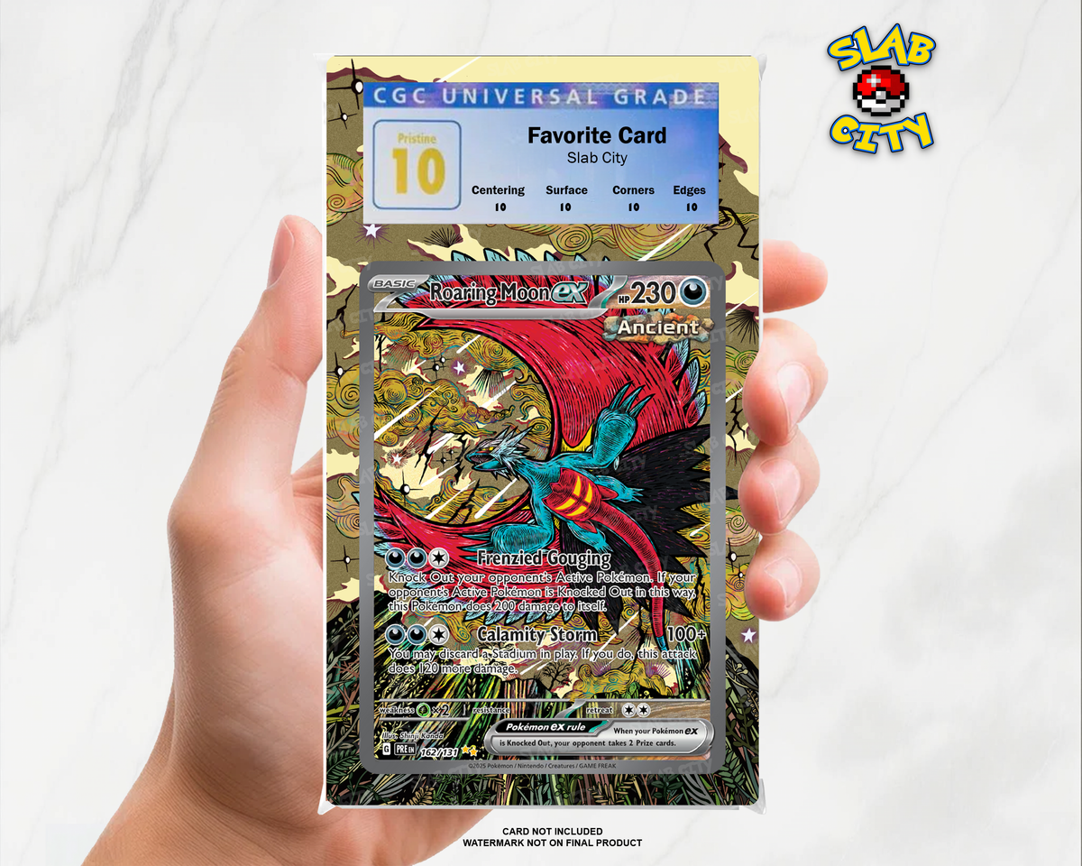 Roaring Moon ex #162/131 Prismatic Evolutions extended art graded slab insert – CGC. Card not included. Watermark not on final product.