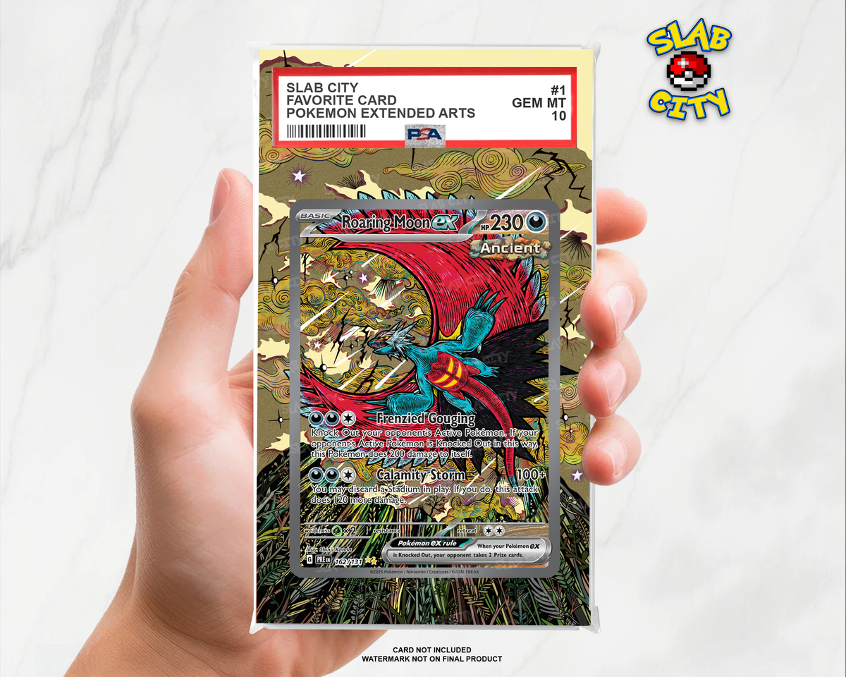 Roaring Moon ex #162/131 Prismatic Evolutions extended art graded slab insert – PSA. Card not included. Watermark not on final product.
