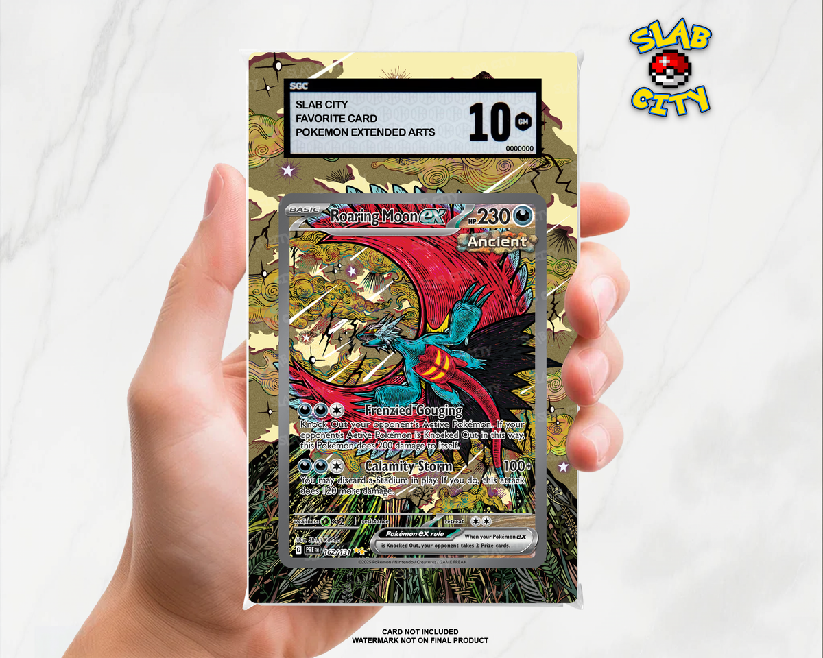 Roaring Moon ex #162/131 Prismatic Evolutions extended art graded slab insert – SGC. Card not included. Watermark not on final product.