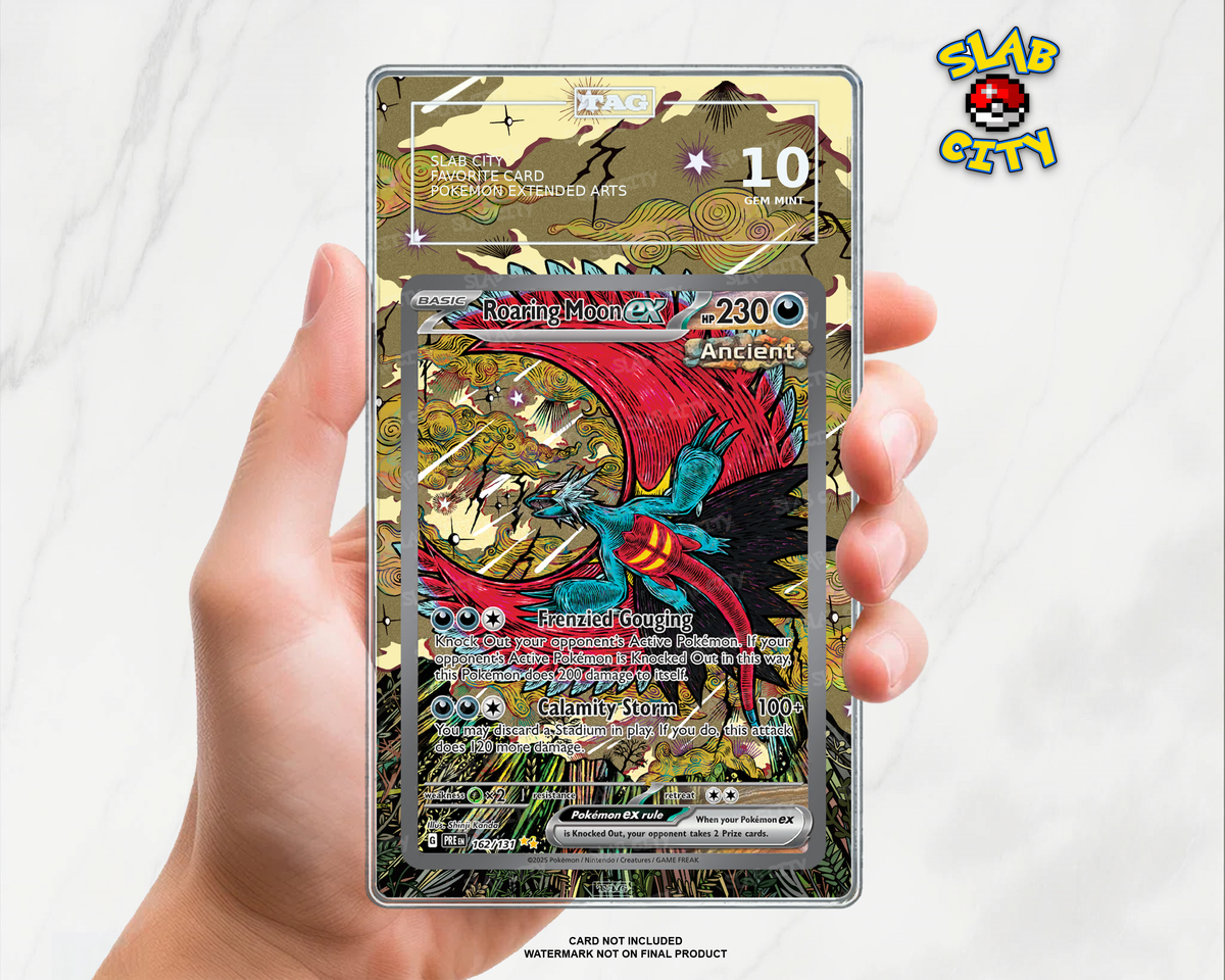Roaring Moon ex #162/131 Prismatic Evolutions extended art graded slab insert – TAG. Card not included. Watermark not on final product.