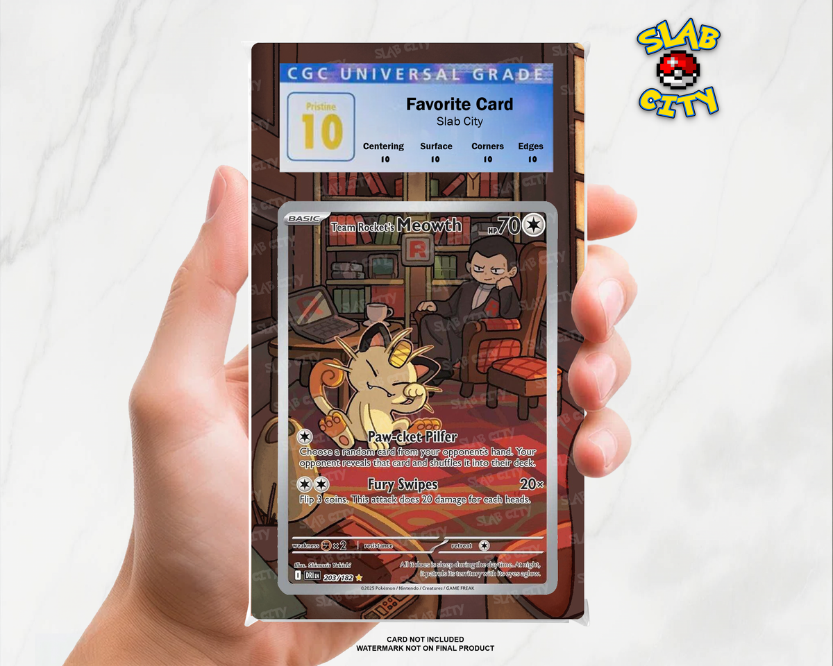Team Rocket's Meowth #203/182 Destined Rivals CGC graded slab insert; card not included, watermark not on final product