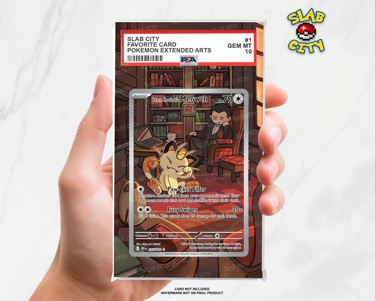 Team Rocket's Meowth #203/182 Destined Rivals PSA graded slab insert; card not included, watermark not on final product