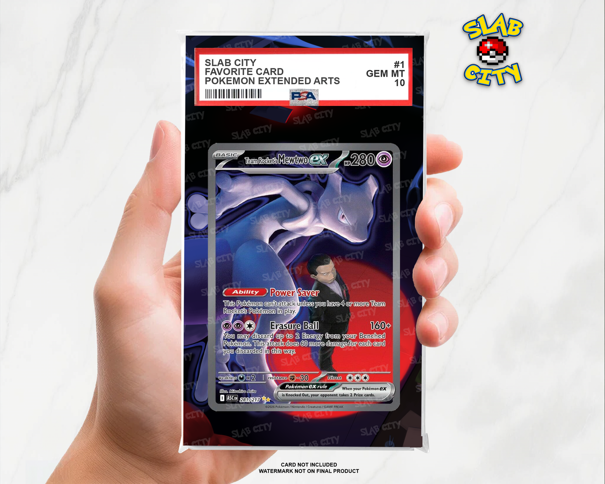 Team Rocket's Mewtwo ex #281 Ascended Heroes PSA graded slab insert; card not included, watermark not on final product