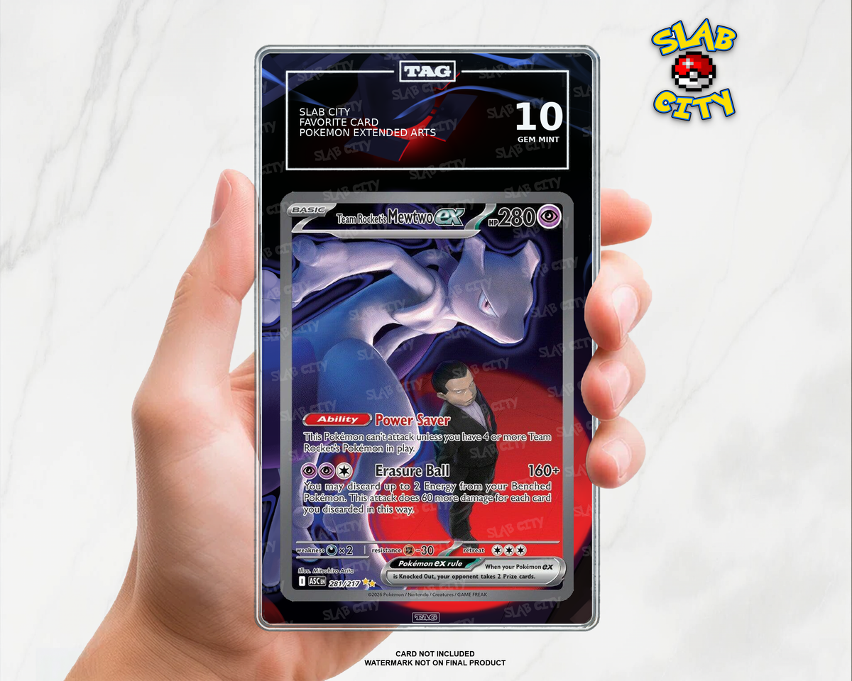 Team Rocket's Mewtwo ex #281 Ascended Heroes TAG graded slab insert; card not included, watermark not on final product