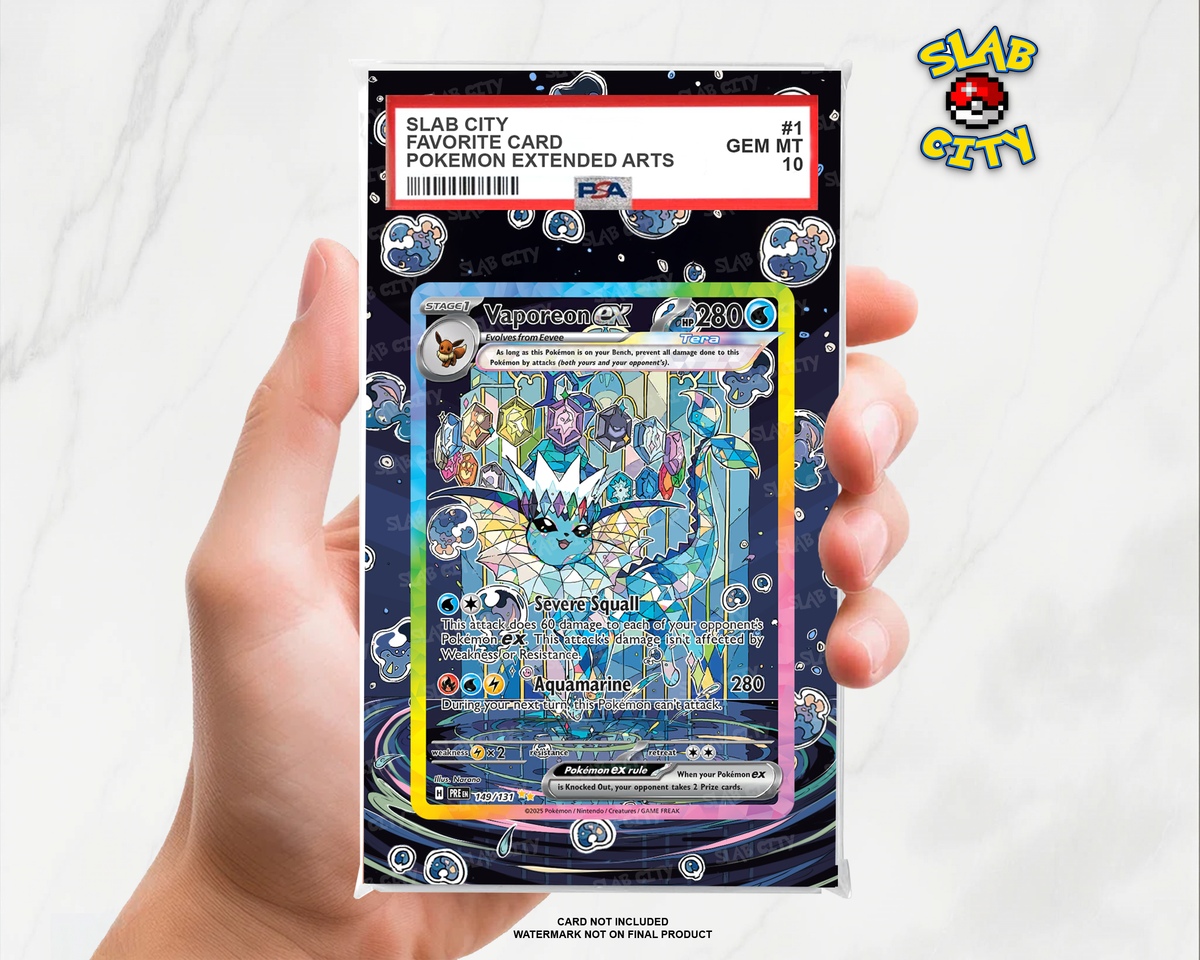 Vaporeon ex #149/131 Prismatic Evolutions extended art graded slab insert – PSA. Card not included. Watermark not on final product.